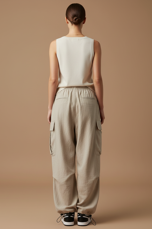 Pantalon Baggy Beige Cargo Ample Cordon Décontracté - Lin - vue 2