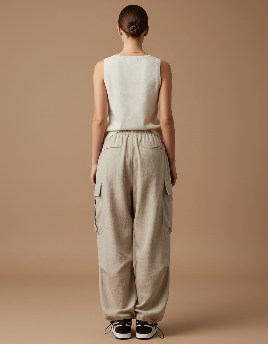 Pantalon Baggy Beige Cargo Ample Cordon Décontracté - Lin - vue 2