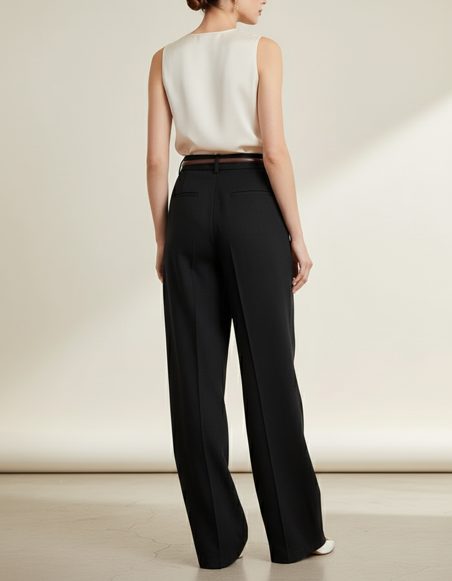 Pantalon Baggy Noir Ample Fluide Taille Haute Femme - Polyester - vue 2