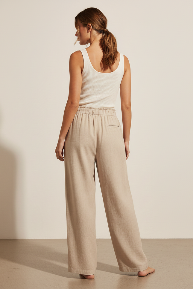 Pantalon Baggy Beige Cordon Ample Décontracté Fluide - Lin - vue 2