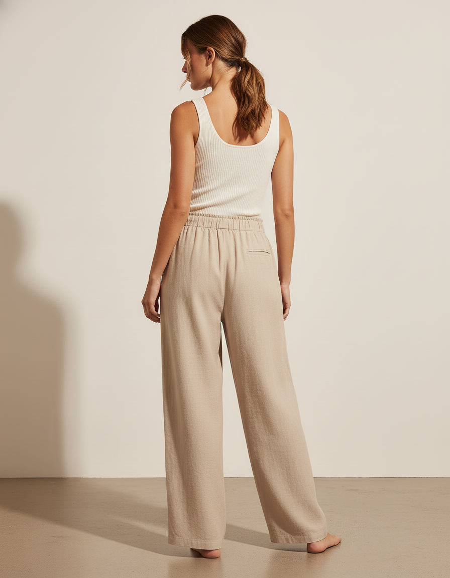 Pantalon Baggy Beige Cordon Ample Décontracté Fluide - Lin - vue 2