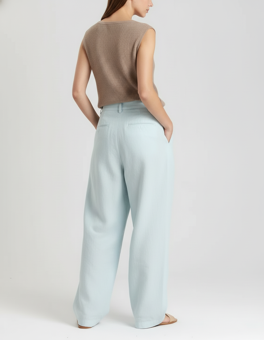 Pantalon Baggy Bleu Ciel Plissé Lin Ample Femme - vue 2