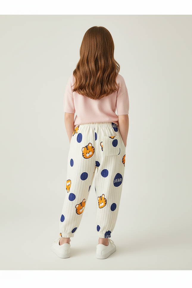 Pantalon Baggy Blanc Coton Imprimé Tigre Décontracté Enfant - Cordé - vue 2