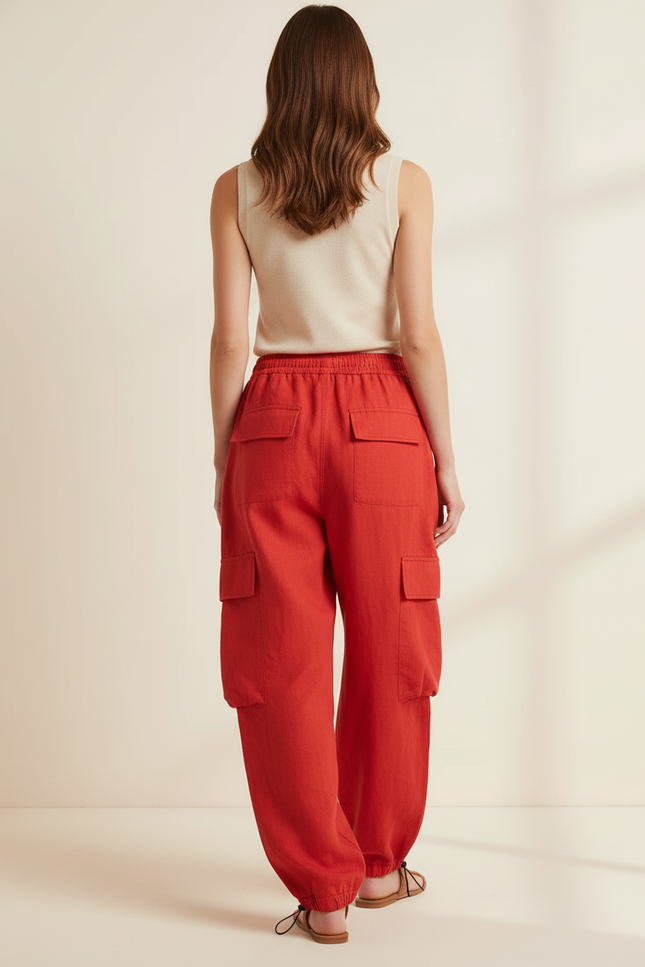 Pantalon Baggy Rouge Cargo Ample Cordon Fluide - Lin - vue 2