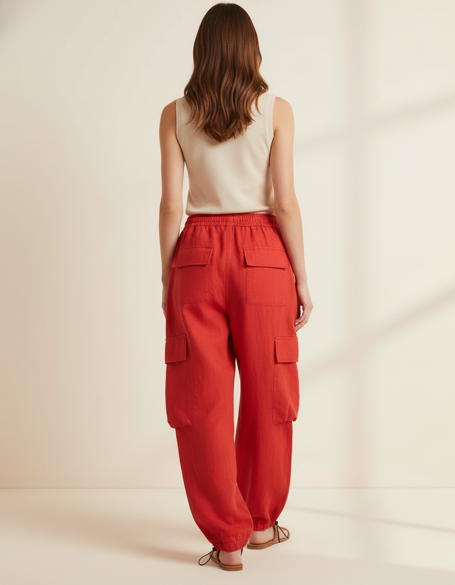 Pantalon Baggy Rouge Cargo Ample Cordon Fluide - Lin - vue 2