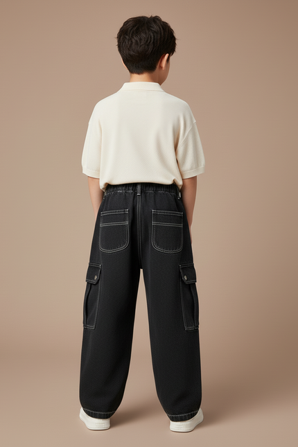 Pantalon Baggy Noir Denim Cargo Ample Garçon - Jean - vue 2