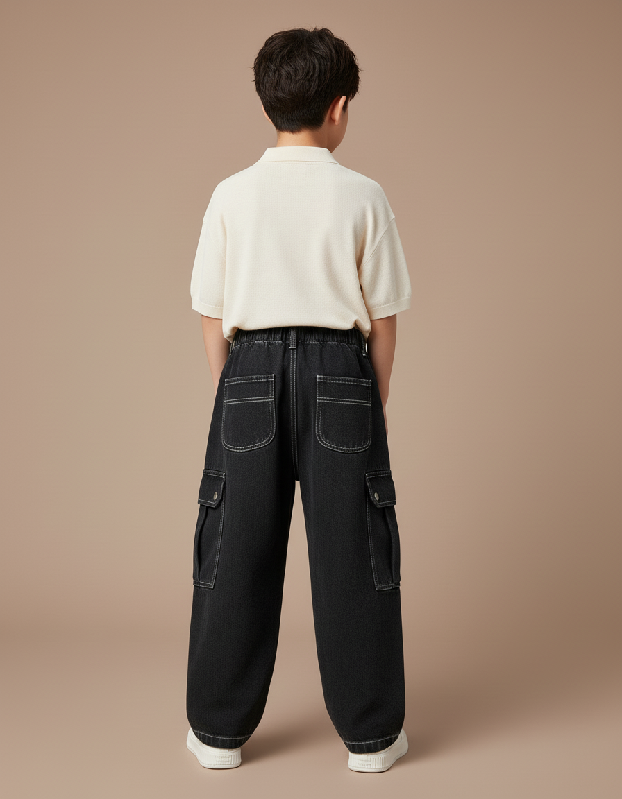 Pantalon Baggy Noir Denim Cargo Ample Garçon - Jean - vue 2