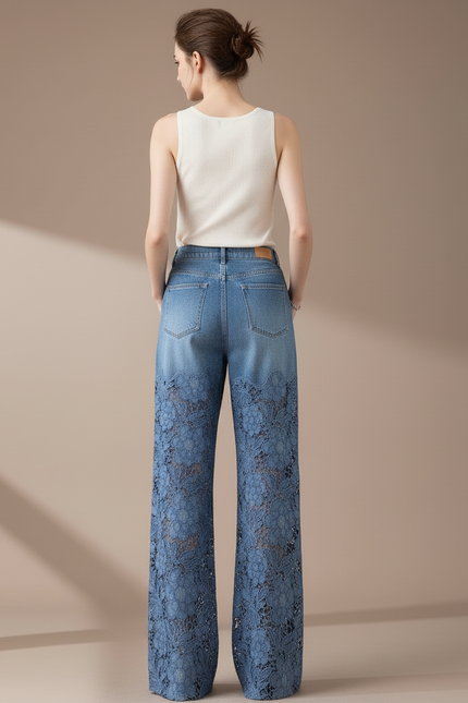Pantalon Baggy Bleu Jean Dentelle Évasé Femme - vue 2