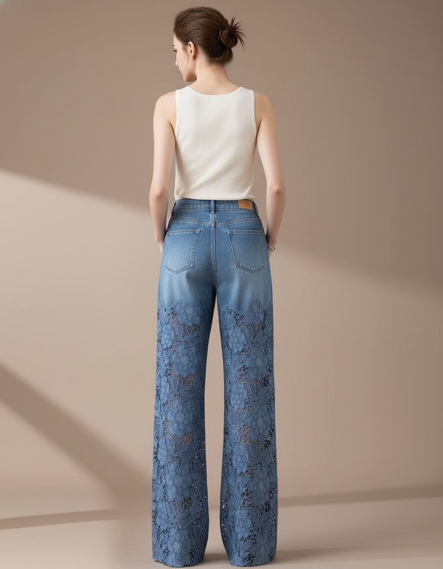 Pantalon Baggy Bleu Jean Dentelle Évasé Femme - vue 2