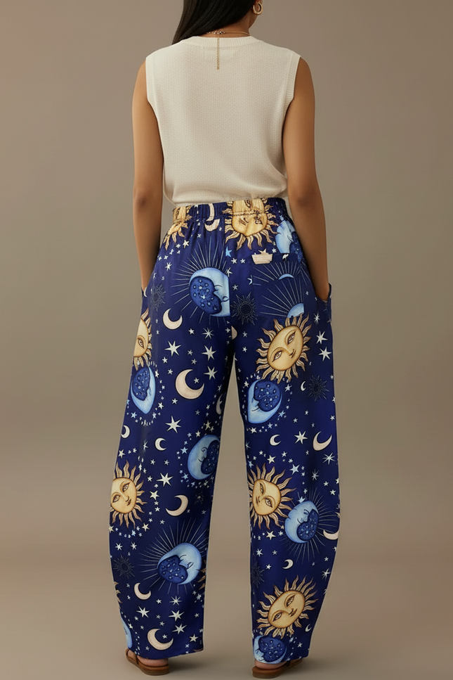 Pantalon Baggy Bleu Imprimé Soleil Lune Étoiles Ample Fluide - Marine Viscose - vue 2