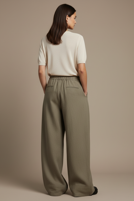 Pantalon Baggy Vert Kaki Ample Fluide Décontracté Femme - Lin - vue 2