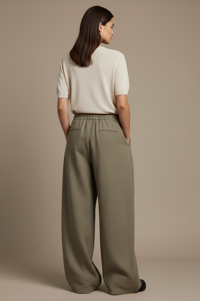 Pantalon Baggy Vert Kaki Ample Fluide Décontracté Femme - Lin - vue 2