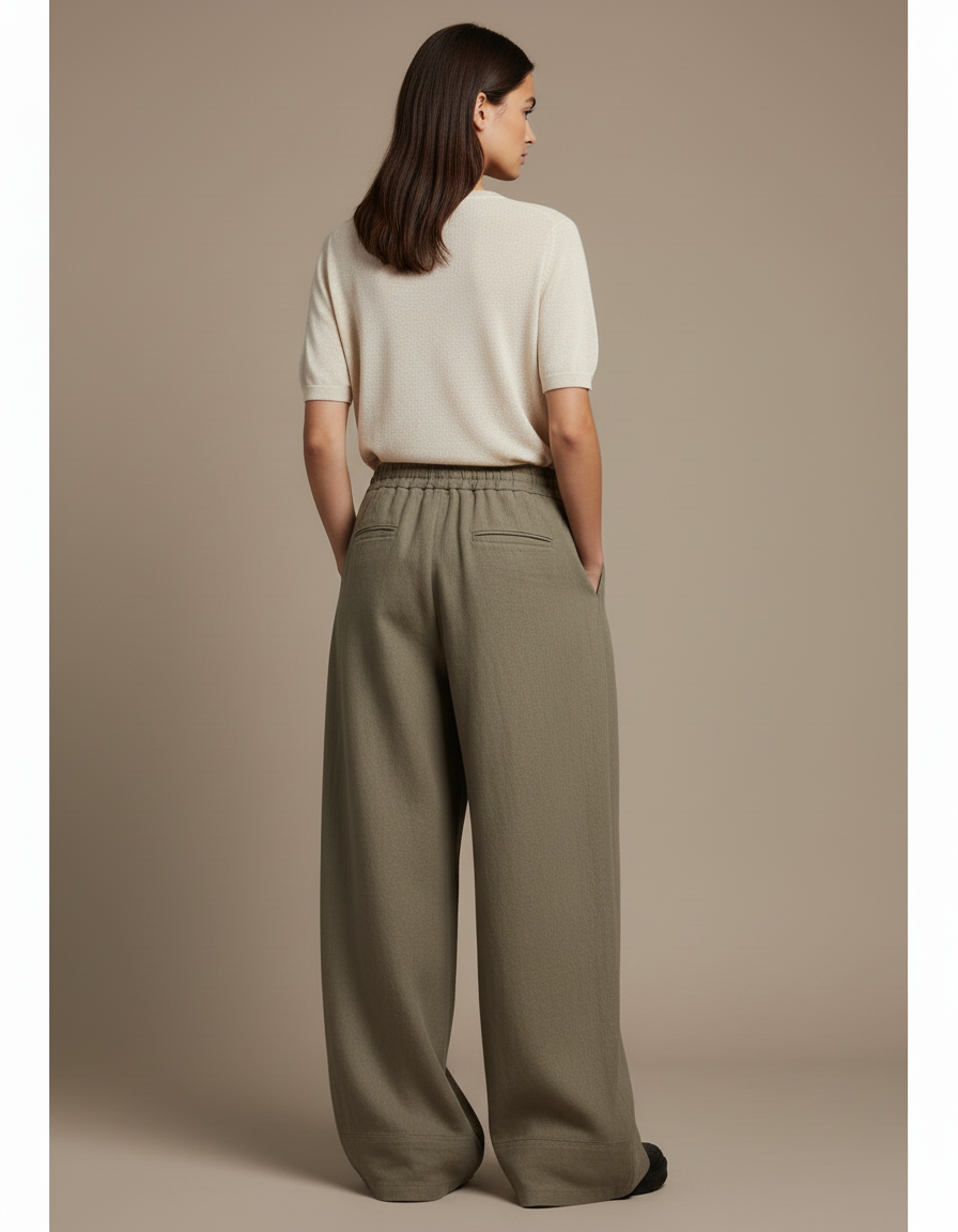 Pantalon Baggy Vert Kaki Ample Fluide Décontracté Femme - Lin - vue 2