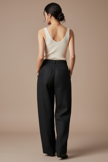 Pantalon Baggy Noir Lin Ample Plissé Élégant - vue 2