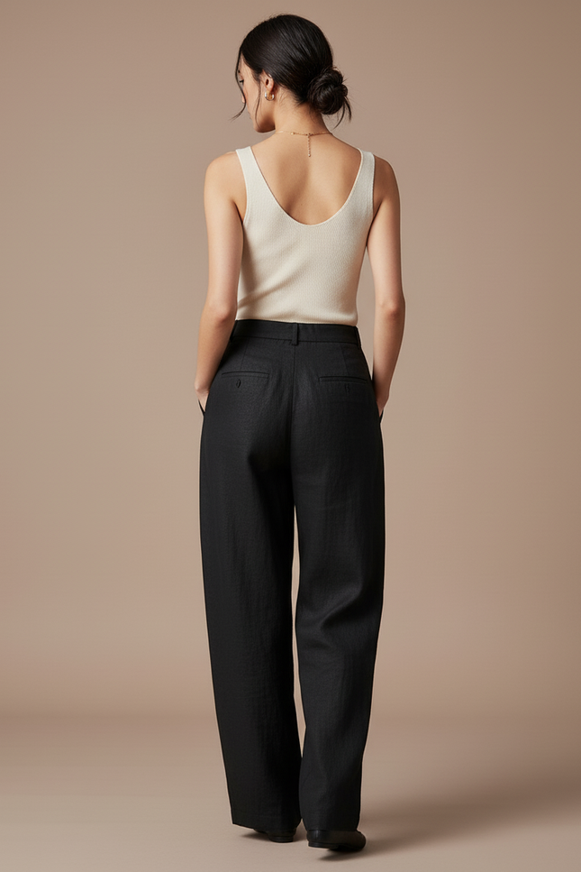 Pantalon Baggy Noir Lin Ample Plissé Élégant - vue 2