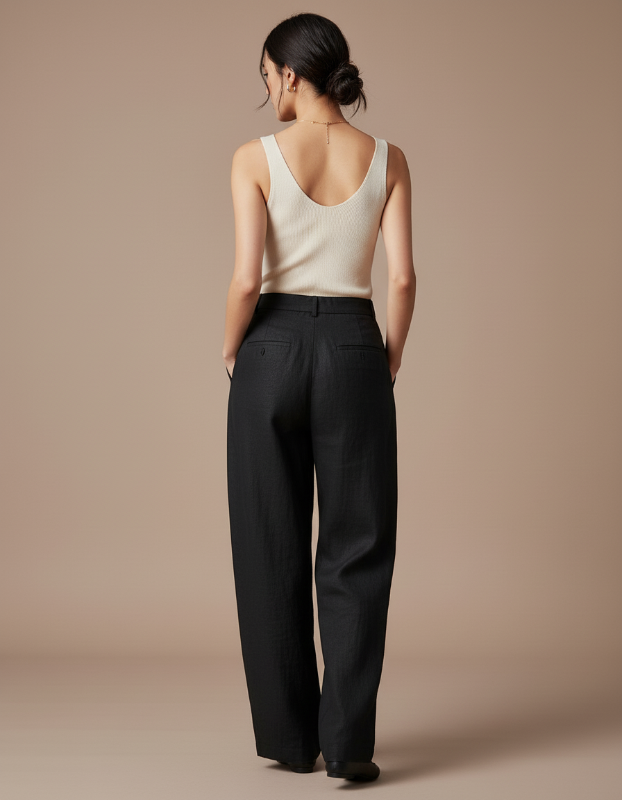 Pantalon Baggy Noir Lin Ample Plissé Élégant - vue 2