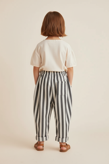 Pantalon Baggy Rayé Noir Blanc Coton Ample Enfant - Multicolore - vue 2