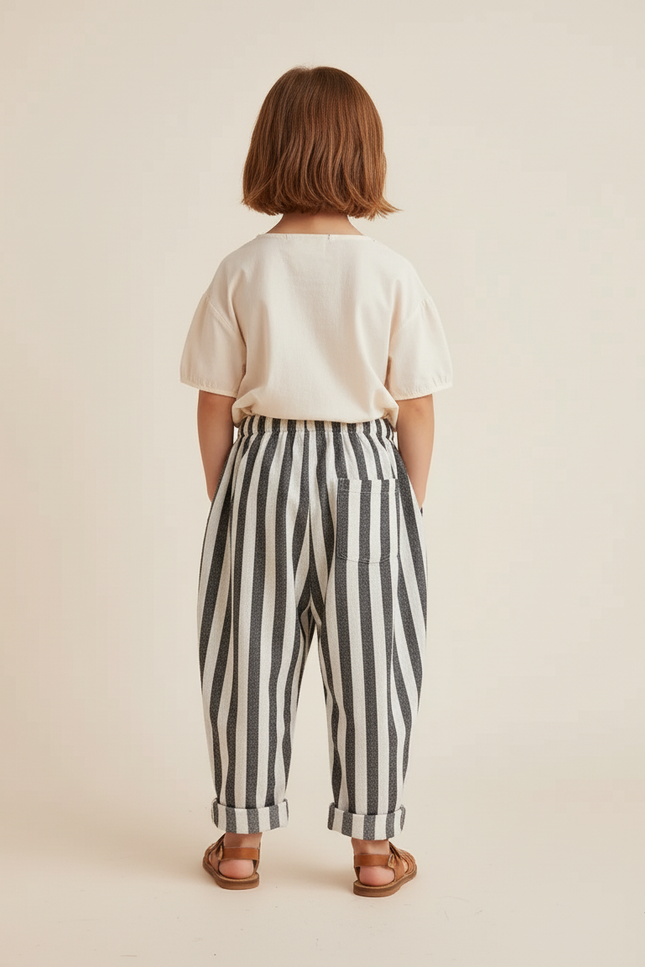 Pantalon Baggy Rayé Noir Blanc Coton Ample Enfant - Multicolore - vue 2
