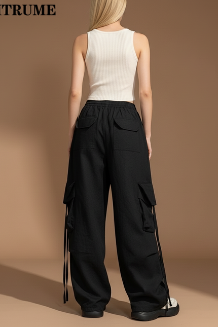 Pantalon Baggy Noir Cargo Ample Décontracté Cordon - Toile - vue 2