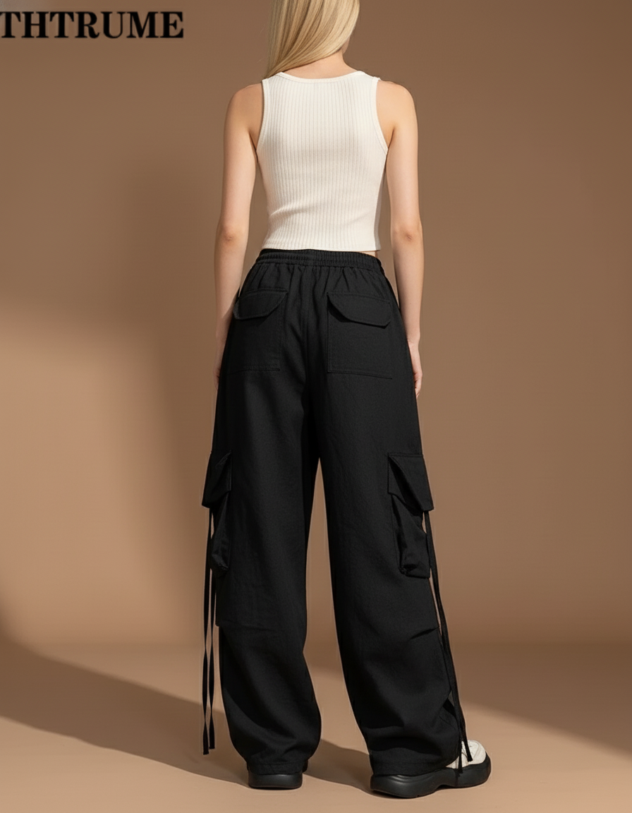 Pantalon Baggy Noir Cargo Ample Décontracté Cordon - Toile - vue 2