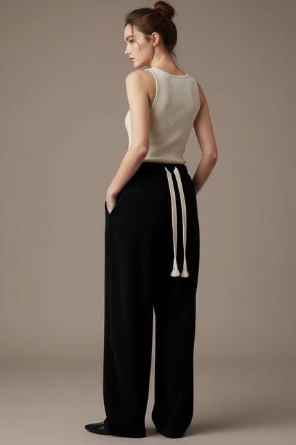 Pantalon Baggy Noir Côtelé Large Décontracté Cordon - Cordé - vue 2