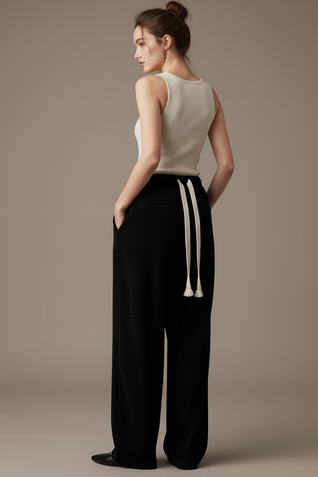 Pantalon Baggy Noir Côtelé Large Décontracté Cordon - Cordé - vue 2