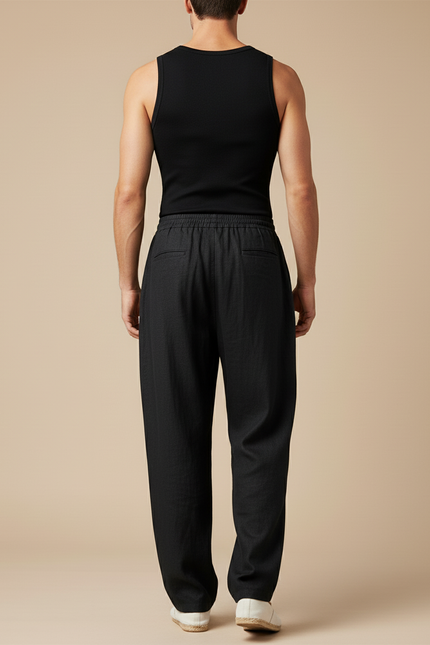 Pantalon Baggy Noir Lin Ample Cordon Décontracté Homme - vue 2