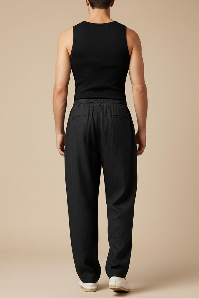 Pantalon Baggy Noir Lin Ample Cordon Décontracté Homme - vue 2