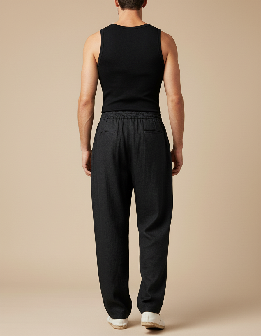 Pantalon Baggy Noir Lin Ample Cordon Décontracté Homme - vue 2