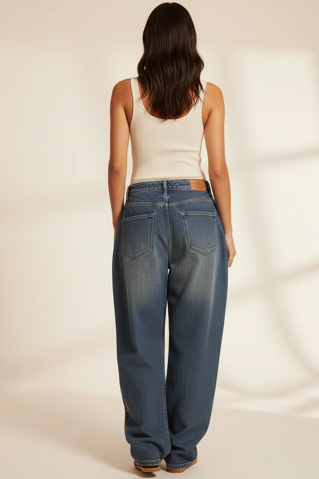 Pantalon Baggy Jean Bleu Brodé Ample Décontracté - vue 2