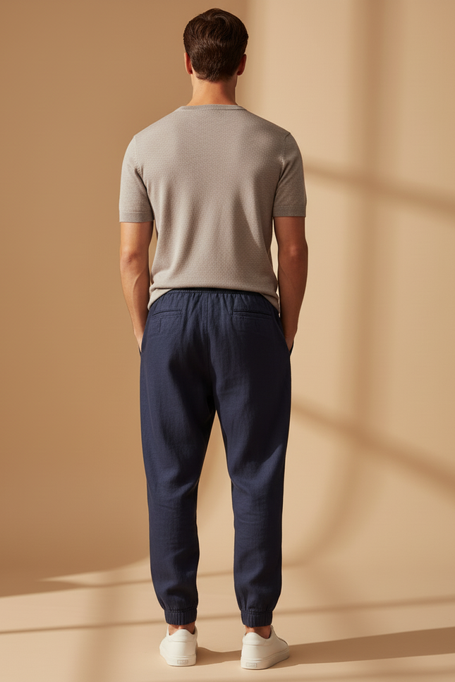Pantalon Baggy Bleu Marine Cordon Ample Coton Décontracté - Lin - vue 2