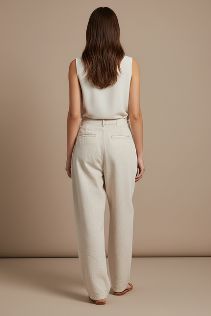 Pantalon Baggy Crème Plissé Ample Taille Haute Femme - Beige Jean - vue 2
