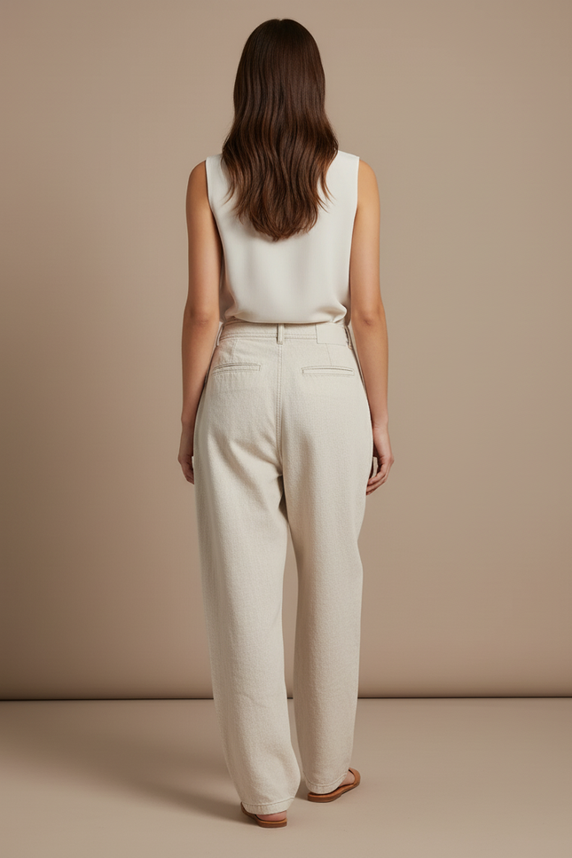 Pantalon Baggy Crème Plissé Ample Taille Haute Femme - Beige Jean - vue 2