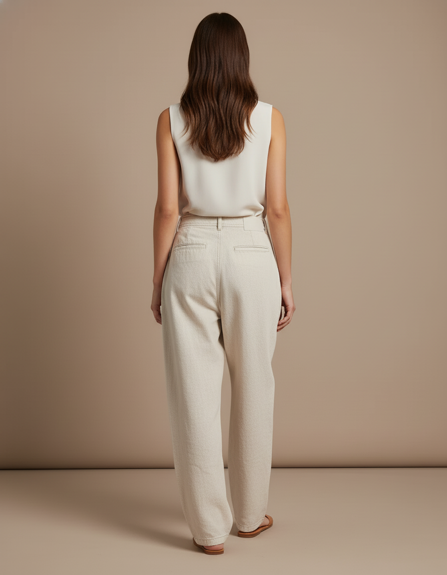 Pantalon Baggy Crème Plissé Ample Taille Haute Femme - Beige Jean - vue 2