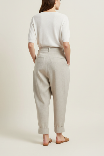Pantalon Baggy Gris Plissé Taille Haute Élégant - Laine - vue 2