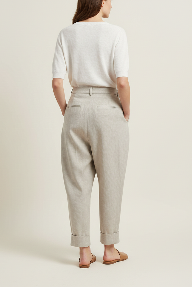 Pantalon Baggy Gris Plissé Taille Haute Élégant - Laine - vue 2