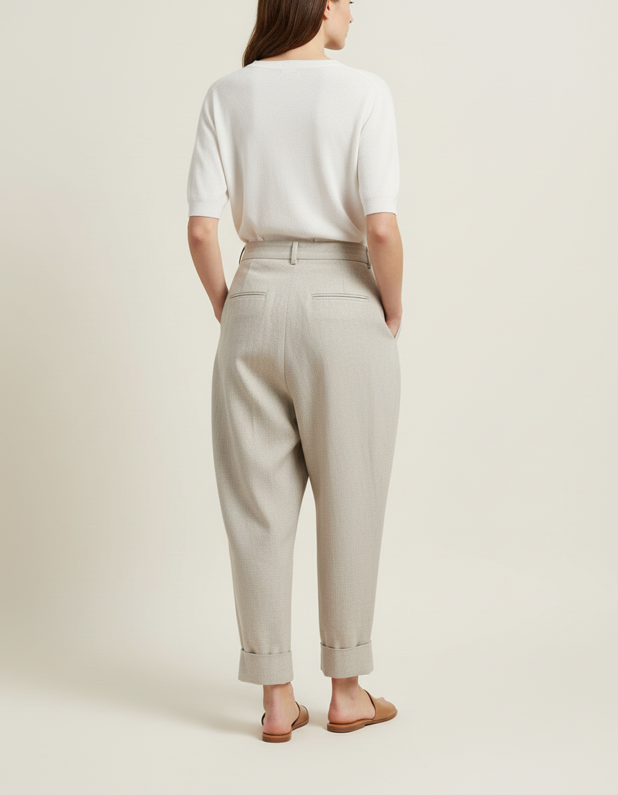 Pantalon Baggy Gris Plissé Taille Haute Élégant - Laine - vue 2