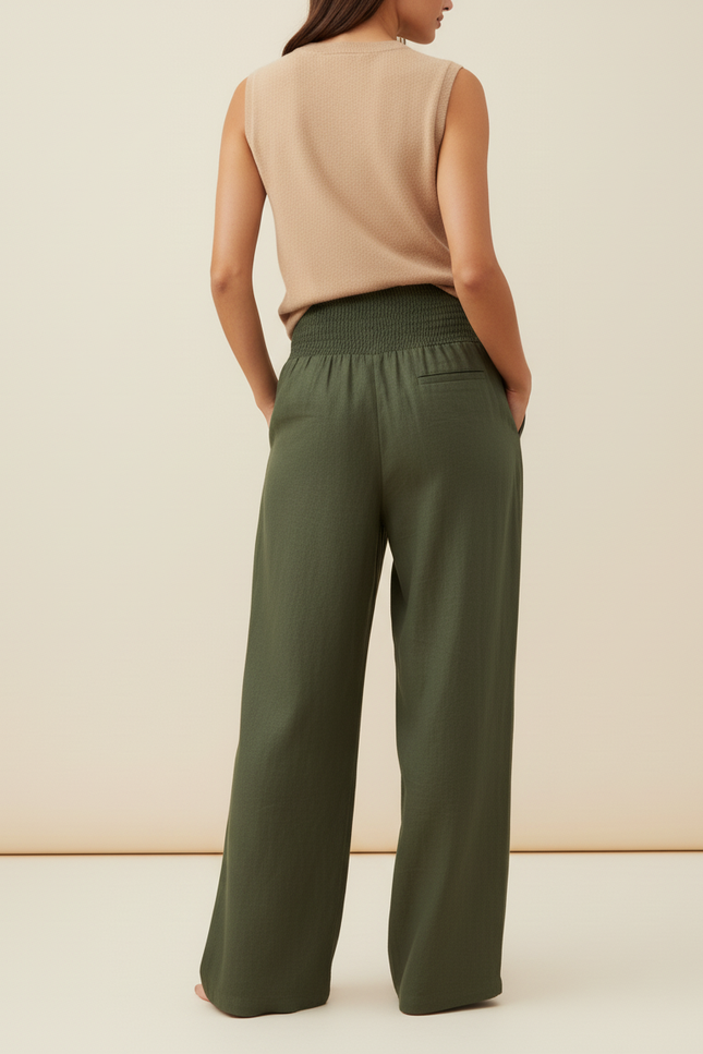 Pantalon Baggy Vert Militaire Ample Fluide Smocké - Kaki Lin - vue 2