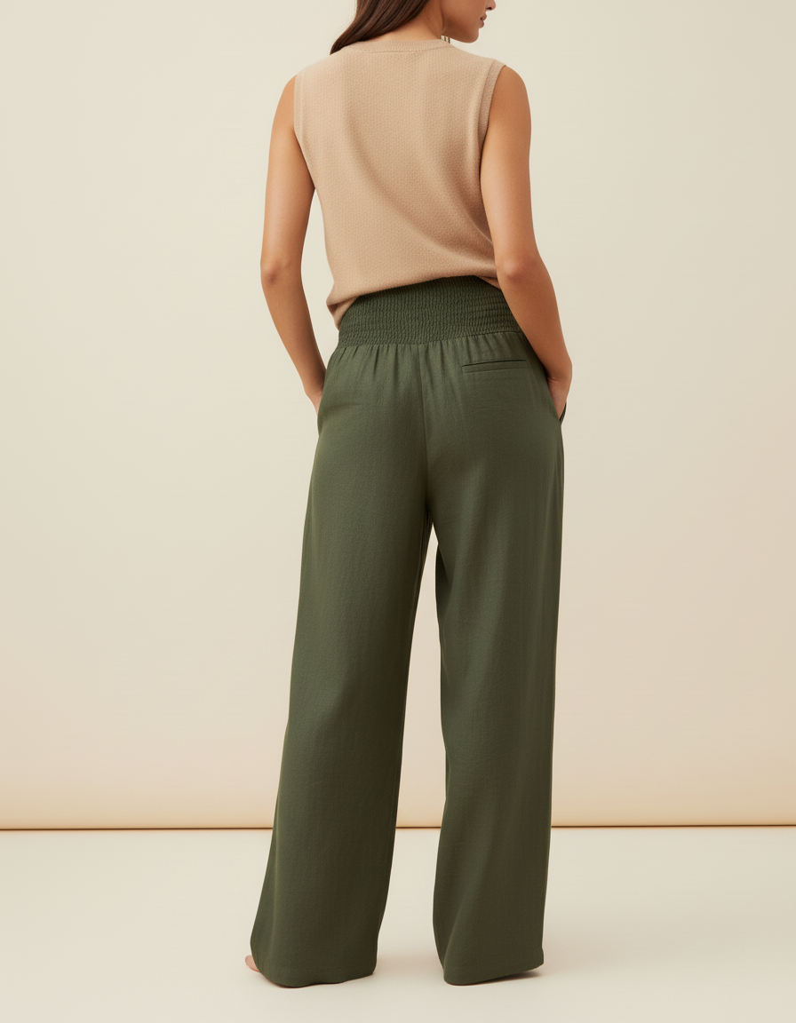 Pantalon Baggy Vert Militaire Ample Fluide Smocké - Kaki Lin - vue 2
