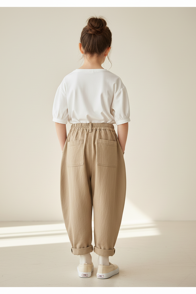 Pantalon Baggy Enfant Ample Décontracté Beige Coton - vue 2