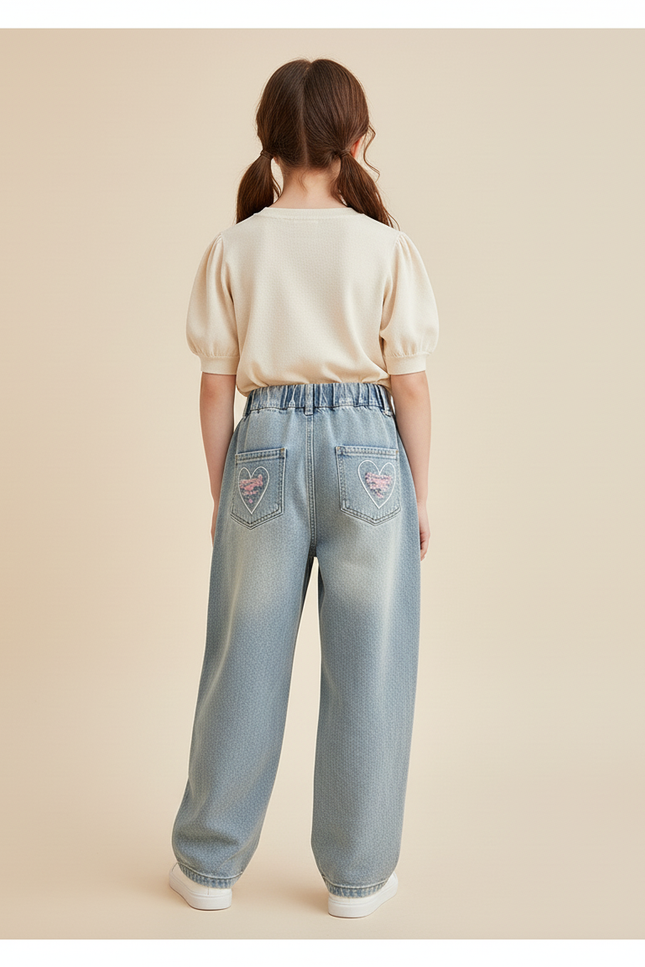 Pantalon Baggy Jean Bleu Cœurs Brodés Ample Fille - vue 2