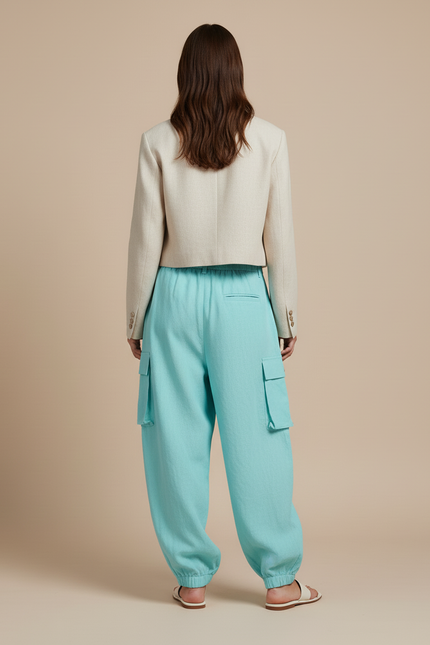 Pantalon Baggy Turquoise Ample Cargo Lin Élastiqué - Bleu - vue 2