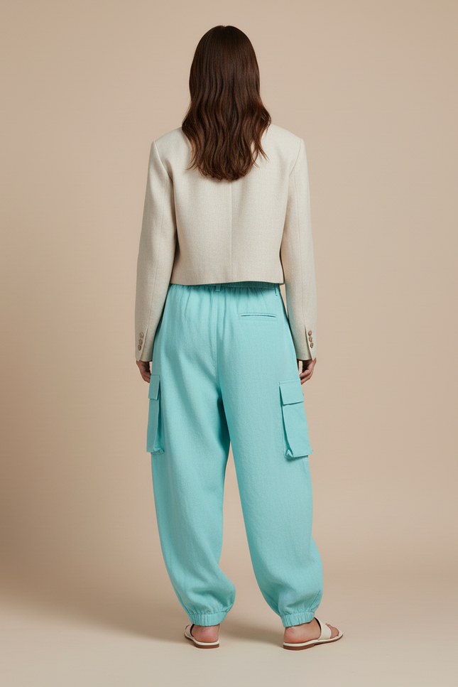 Pantalon Baggy Turquoise Ample Cargo Lin Élastiqué - Bleu - vue 2