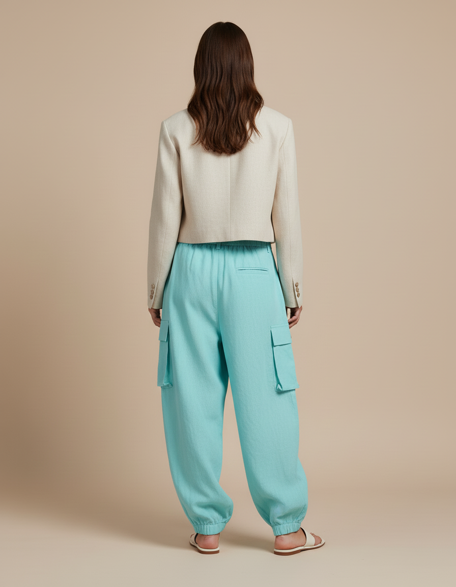 Pantalon Baggy Turquoise Ample Cargo Lin Élastiqué - Bleu - vue 2