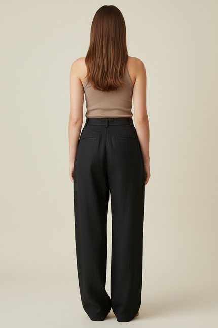 Pantalon Baggy Noir Lin Ample Plissé Décontracté - vue 2