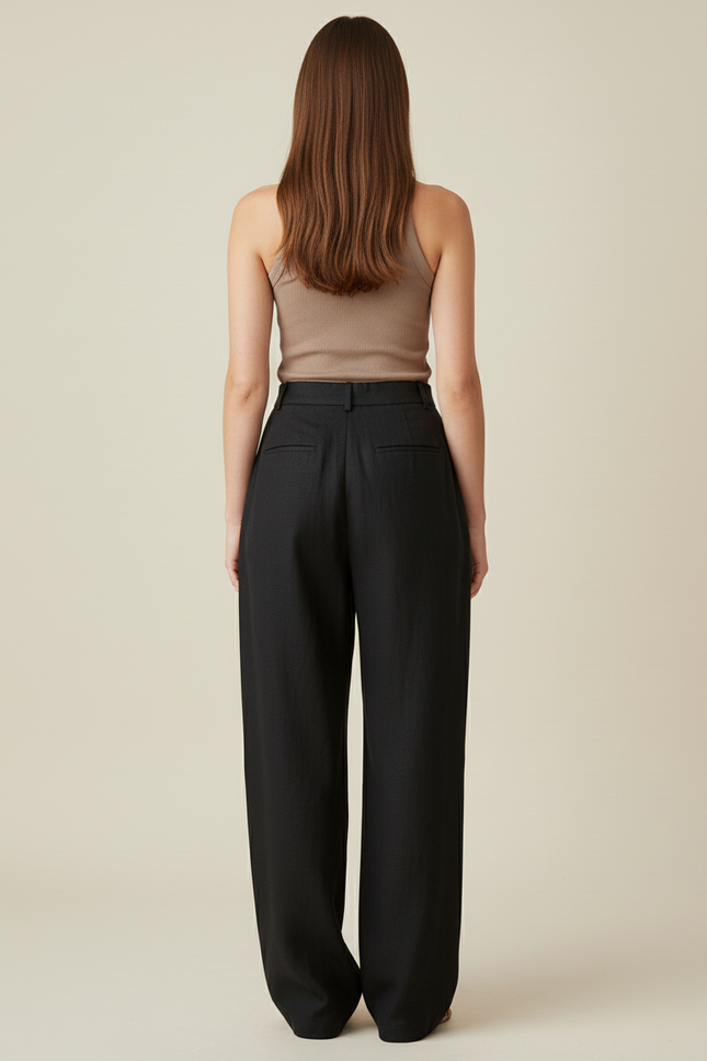 Pantalon Baggy Noir Lin Ample Plissé Décontracté - vue 2