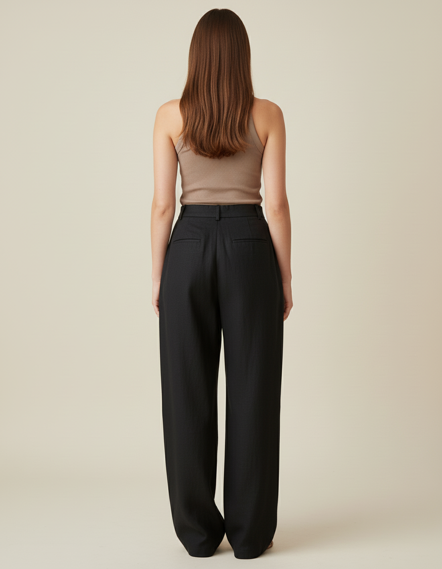 Pantalon Baggy Noir Lin Ample Plissé Décontracté - vue 2