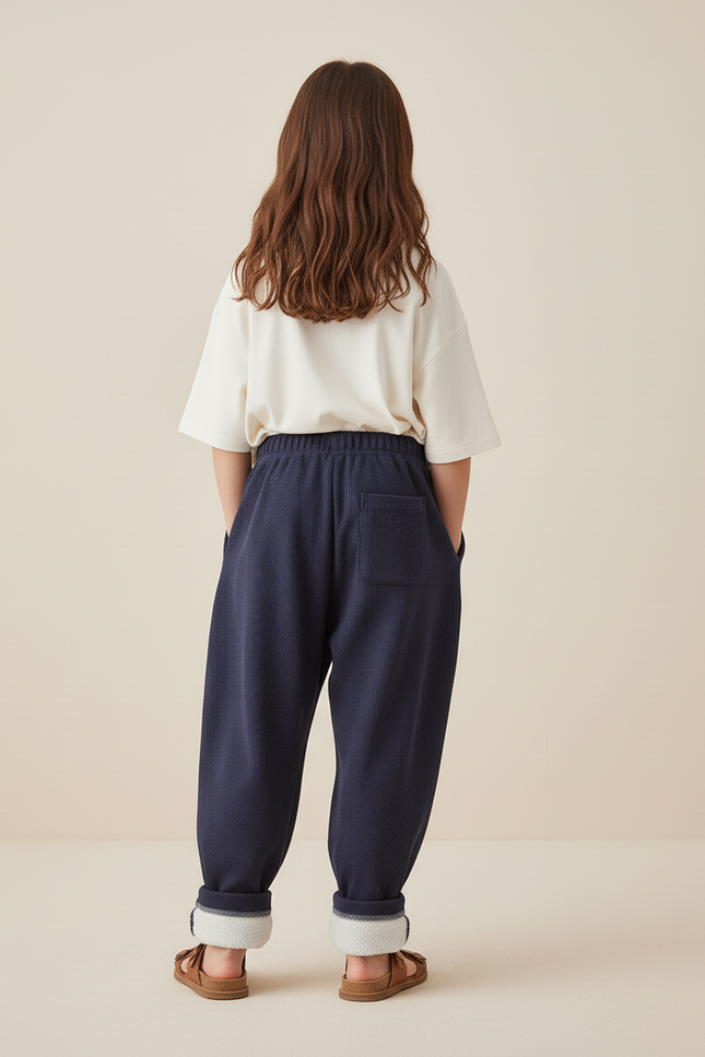 Pantalon Baggy Bleu Marine Côtelé Doublé Polaire Enfant - Cordé - vue 2