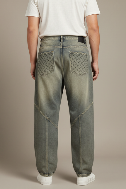 Pantalon Baggy Denim Décontracté Imprimé Losanges Homme - Kaki Jean - vue 2