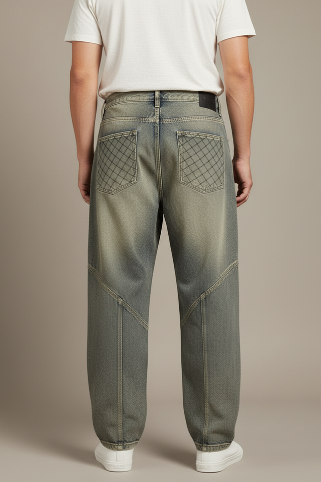 Pantalon Baggy Denim Décontracté Imprimé Losanges Homme - Kaki Jean - vue 2